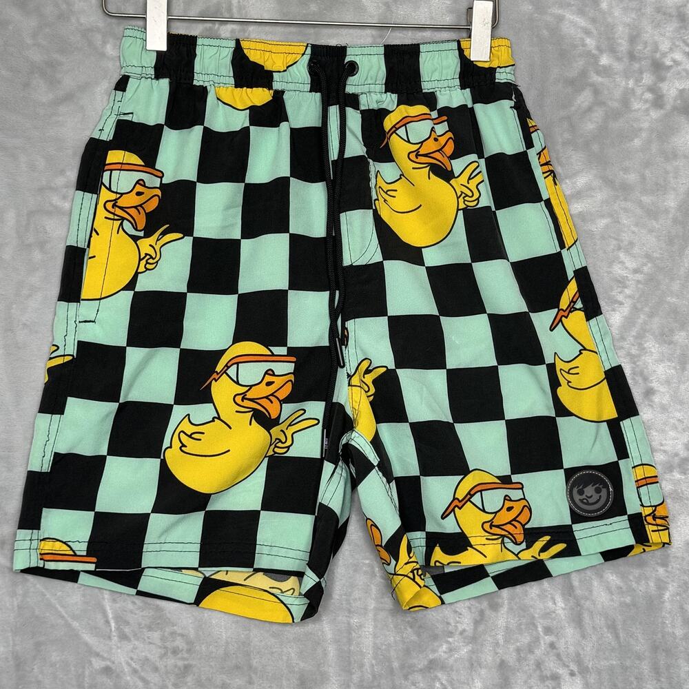 Neff Swim Trunks Mens Medium Black Green Duck Checkerboard Board Shorts Beach